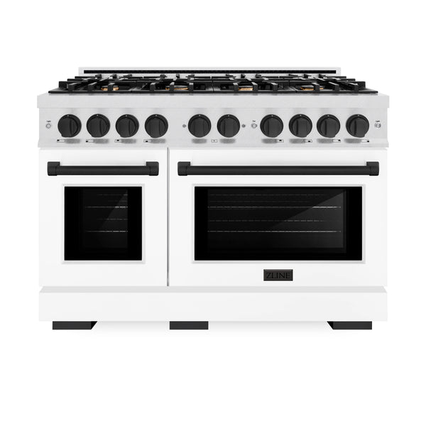 ZLINE Autograph Edition 48 in. 6.7 cu. ft. Select Double Oven Dual Fuel Range with 8 Burner Gas Cooktop in DuraSnow® Stainless Steel with White Matte Doors and Matte Black Accents (HDRSZ-WM-48-MB)