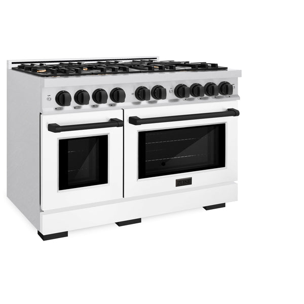 ZLINE Autograph Edition 48 in. 6.7 cu. ft. Select Double Oven Dual Fuel Range with 8 Burner Gas Cooktop in DuraSnow® Stainless Steel with White Matte Doors and Matte Black Accents (HDRSZ-WM-48-MB)