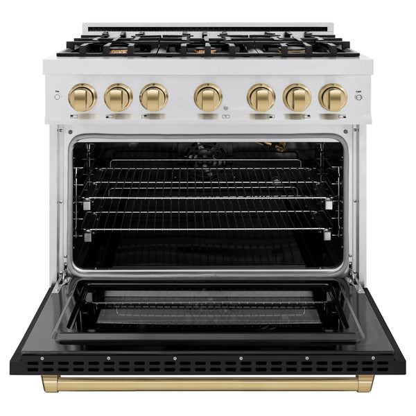 ZLINE Autograph Edition 36 in. 5.2 cu. ft. Select Gas Range with 6 Burner Cooktop and Convection Gas Oven in DuraSnow® Stainless Steel with Black Matte Door and Champagne Bronze Accents (HGRSZ-BLM-36-CB)