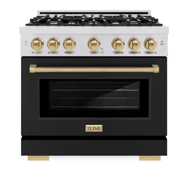 ZLINE Autograph Edition 36 in. 5.2 cu. ft. Select Gas Range with 6 Burner Cooktop and Convection Gas Oven in DuraSnow® Stainless Steel with Black Matte Door and Champagne Bronze Accents (HGRSZ-BLM-36-CB)