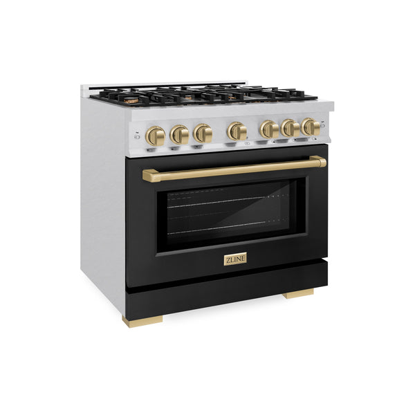 ZLINE Autograph Edition 36 in. 5.2 cu. ft. Select Gas Range with 6 Burner Cooktop and Convection Gas Oven in DuraSnow® Stainless Steel with Black Matte Door and Champagne Bronze Accents (HGRSZ-BLM-36-CB)
