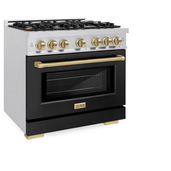 ZLINE Autograph Edition 36 in. 5.2 cu. ft. Select Gas Range with 6 Burner Cooktop and Convection Gas Oven in DuraSnow® Stainless Steel with Black Matte Door and Champagne Bronze Accents (HGRSZ-BLM-36-CB)