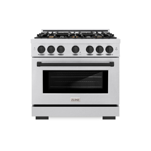 ZLINE Autograph Edition 36 in. 5.2 cu. ft. Select Gas Range with 6 Burner Cooktop and Convection Gas Oven in DuraSnow® Stainless Steel and Matte Black Accents (HGRSZ-36-MB)