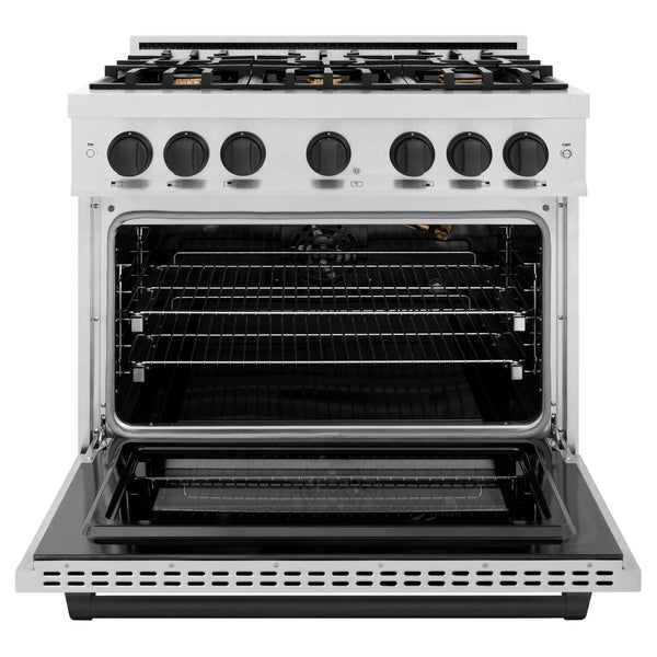 ZLINE Autograph Edition 36 in. 5.2 cu. ft. Select Gas Range with 6 Burner Cooktop and Convection Gas Oven in DuraSnow® Stainless Steel and Matte Black Accents (HGRSZ-36-MB)