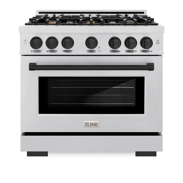 ZLINE Autograph Edition 36 in. 5.2 cu. ft. Select Gas Range with 6 Burner Cooktop and Convection Gas Oven in DuraSnow® Stainless Steel and Matte Black Accents (HGRSZ-36-MB)