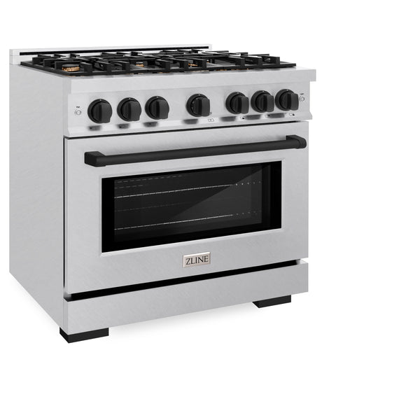 ZLINE Autograph Edition 36 in. 5.2 cu. ft. Select Gas Range with 6 Burner Cooktop and Convection Gas Oven in DuraSnow® Stainless Steel and Matte Black Accents (HGRSZ-36-MB)