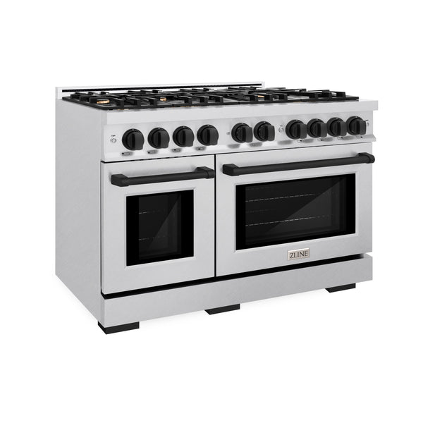 ZLINE Autograph Edition 48 in. 6.7 cu. ft. Select Double Oven Gas Range with 8 Burner Cooktop in DuraSnow® Stainless Steel and Matte Black Accents (HGRSZ-48-MB)