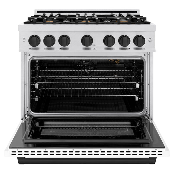 ZLINE Autograph Edition 36 in. 5.2 cu. ft. Select Gas Range with 6 Burner Cooktop and Convection Gas Oven in DuraSnow® Stainless Steel with White Matte Door and Matte Black Accents (HGRSZ-WM-36-MB)