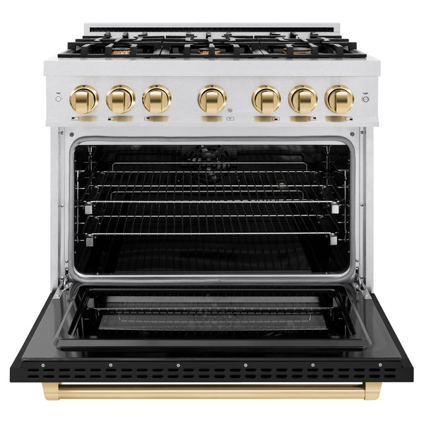 ZLINE Autograph Edition 36 in. 5.2 cu. ft. Select Dual Fuel Range with 6 Burner Gas Cooktop and Electric Convection Oven in DuraSnow® Stainless Steel with Black Matte Door and Polished Gold Accents (HDRSZ-BLM-36-G)