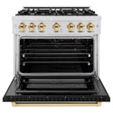 ZLINE Autograph Edition 36 in. 5.2 cu. ft. Select Gas Range with 6 Burner Cooktop and Convection Gas Oven in DuraSnow® Stainless Steel with Black Matte Door and Polished Gold Accents (HGRSZ-BLM-36-G)