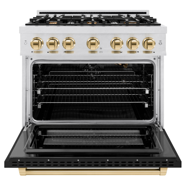 ZLINE Autograph Edition 36 in. 5.2 cu. ft. Select Gas Range with 6 Burner Cooktop and Convection Gas Oven in DuraSnow® Stainless Steel with Black Matte Door and Polished Gold Accents (HGRSZ-BLM-36-G)
