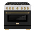 ZLINE Autograph Edition 36 in. 5.2 cu. ft. Select Gas Range with 6 Burner Cooktop and Convection Gas Oven in DuraSnow® Stainless Steel with Black Matte Door and Polished Gold Accents (HGRSZ-BLM-36-G)