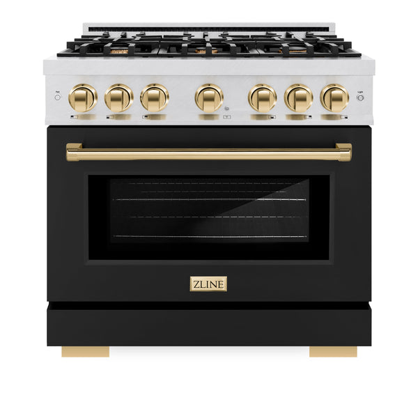ZLINE Autograph Edition 36 in. 5.2 cu. ft. Select Gas Range with 6 Burner Cooktop and Convection Gas Oven in DuraSnow® Stainless Steel with Black Matte Door and Polished Gold Accents (HGRSZ-BLM-36-G)