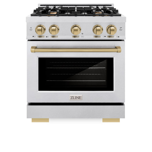 ZLINE Autograph Edition 30 in. 4.2 cu. ft. Select Gas Range with 4 Burner Cooktop and Convection Gas Oven in Satin Stainless Steel and Champagne Bronze Accents (HGRSZ-30-CB)