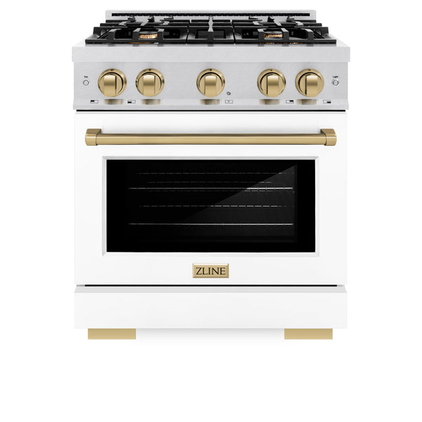 ZLINE Autograph Edition 30 in. 4.2 cu. ft. Select Gas Range with 4 Burner Cooktop and Convection Gas Oven in Satin Stainless Steel with White Matte Door and Champagne Bronze Accents (HGRSZ-WM-30-CB)