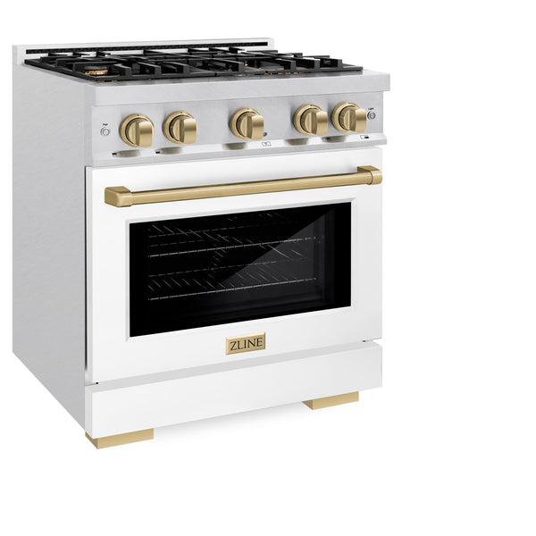 ZLINE Autograph Edition 30 in. 4.2 cu. ft. Select Gas Range with 4 Burner Cooktop and Convection Gas Oven in Satin Stainless Steel with White Matte Door and Champagne Bronze Accents (HGRSZ-WM-30-CB)
