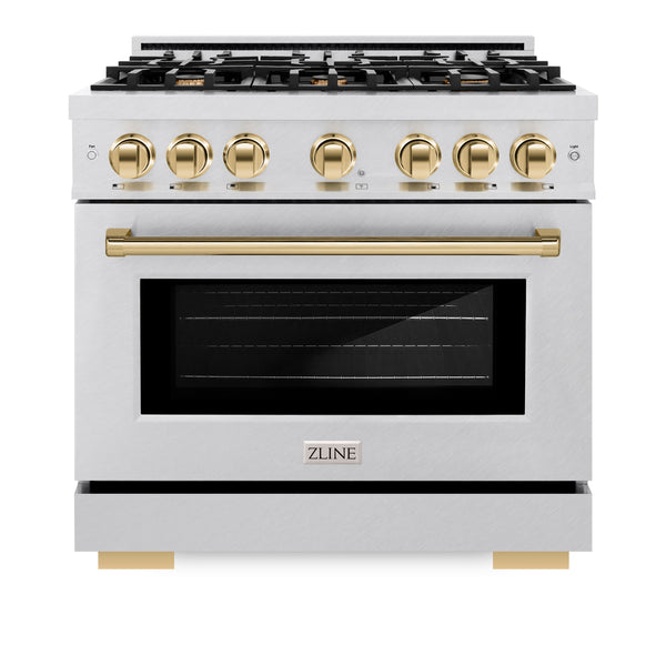 ZLINE Autograph Edition 36 in. 5.2 cu. ft. Select Gas Range with 6 Burner Cooktop and Convection Gas Oven in Satin Stainless Steel and Polished Gold Accents (HGRSZ-36-G)