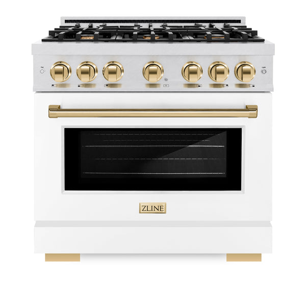 ZLINE Autograph Edition 36 in. 5.2 cu. ft. Select Gas Range with 6 Burner Cooktop and Convection Gas Oven in Satin Stainless Steel with White Matte Door and Polished Gold Accents (HGRSZ-WM-36-G)