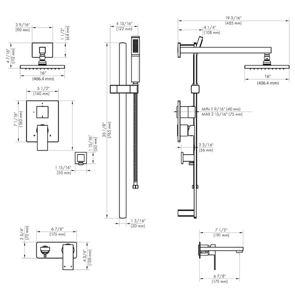 ZLINE Bliss Rainfall Shower System with 16 in. Oversized Shower Head in Brushed Nickel (BLS-SHS16-BN) dimensional diagram.