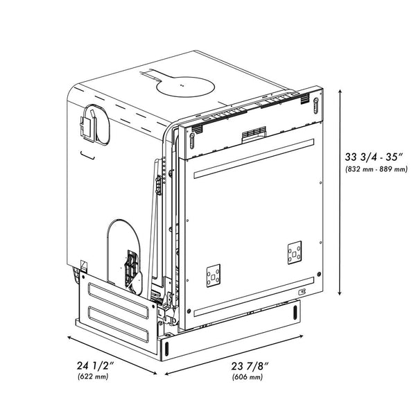 ZLINE 24 in. Panel Ready Monument Series 3rd Rack Top Touch Control Dishwasher with Stainless Steel Tub, 45dBa (DWMT-24) dimensional diagram with measurements.