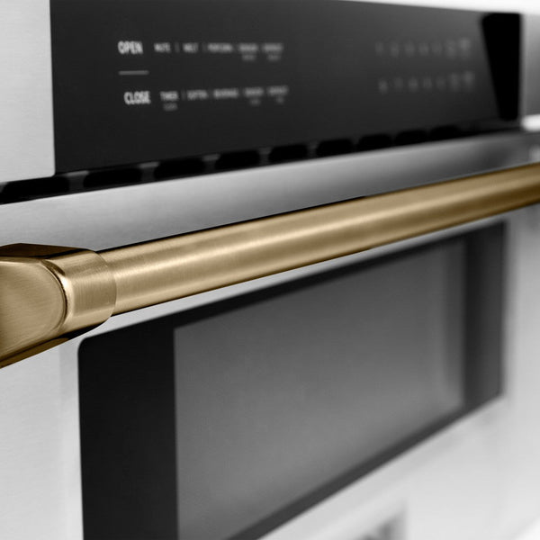 ZLINE Autograph Edition 30 in. 1.2 cu. ft. Built-In Microwave Drawer in Stainless Steel with Champagne Bronze Accents (MWDZ-30-CB) close-up handle.