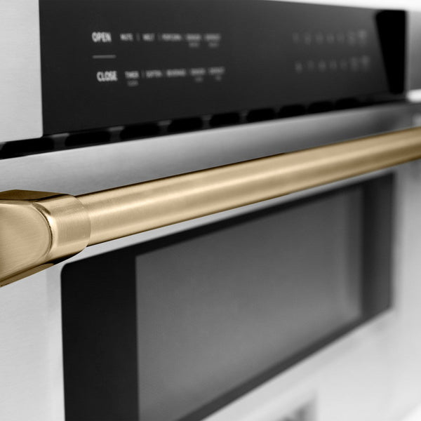 ZLINE Autograph Edition 30 in. 1.2 cu. ft. Built-In Microwave Drawer in Stainless Steel with Polished Gold Accents (MWDZ-30-G) close-up handle.