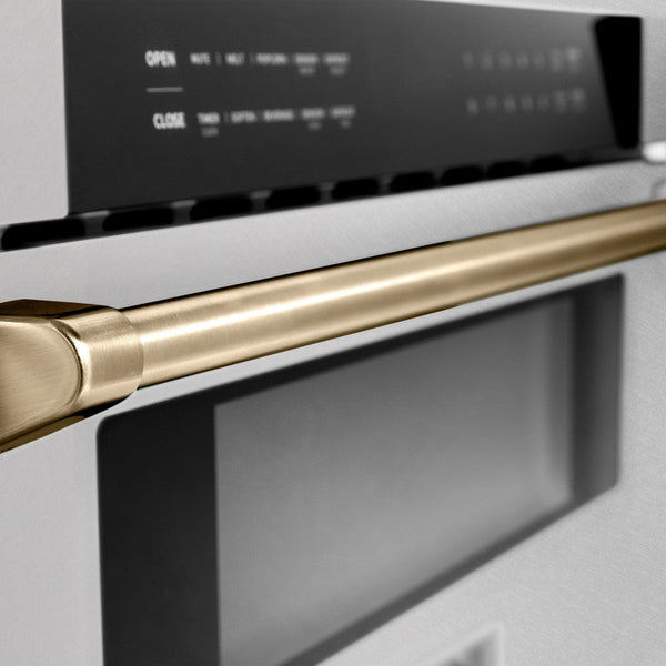 ZLINE Autograph Edition 30 in. 1.2 cu. ft. Built-In Microwave Drawer in Fingerprint Resistant Stainless Steel with Champagne Bronze Accents (MWDZ-30-SS-CB) close-up handle.