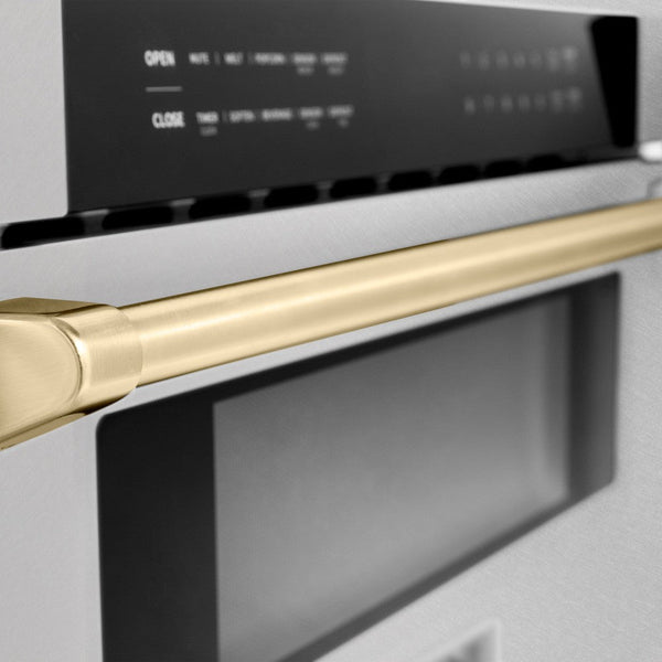 ZLINE Autograph Edition 30 in. 1.2 cu. ft. Built-In Microwave Drawer in Fingerprint Resistant Stainless Steel with Polished Gold Accents (MWDZ-30-SS-G) close-up handle.