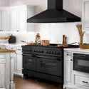 ZLINE 60 in. 7.4 cu. ft. Dual Fuel Range with Gas Stove and Electric Oven in Black Stainless Steel with Brass Burners (RAB-BR-60) lifestyle image from side in a luxury kitchen.