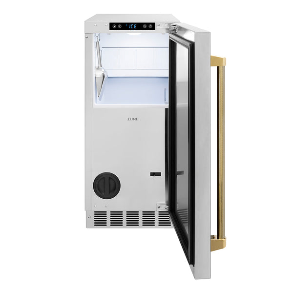 ZLINE Autograph Edition 15 in. Touchstone Gourmet Ice Maker with Drain Pump and Solid Stainless Steel Door with Polished Gold Helix Handle (IGMDZ-ST-15-KG)