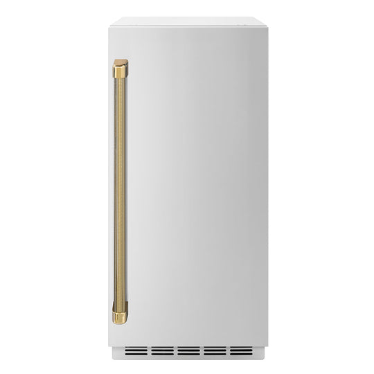 ZLINE Autograph Edition 15 in. Touchstone Gourmet Ice Maker with Drain Pump and Solid Stainless Steel Door with Polished Gold Helix Handle (IGMDZ-ST-15-KG)
