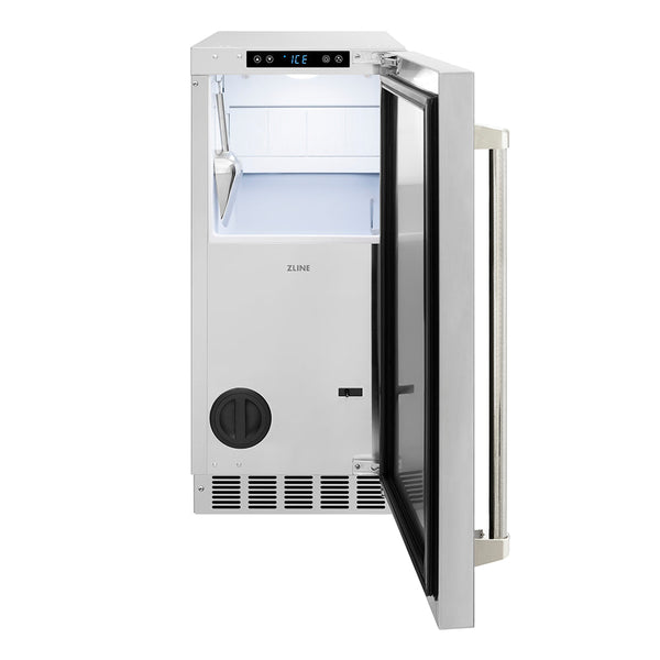 ZLINE Autograph Edition 15 in. Touchstone Gourmet Ice Maker with Drain Pump and Solid Stainless Steel Door with Polished Nickel Helix Handle (IGMDZ-ST-15-KPN)