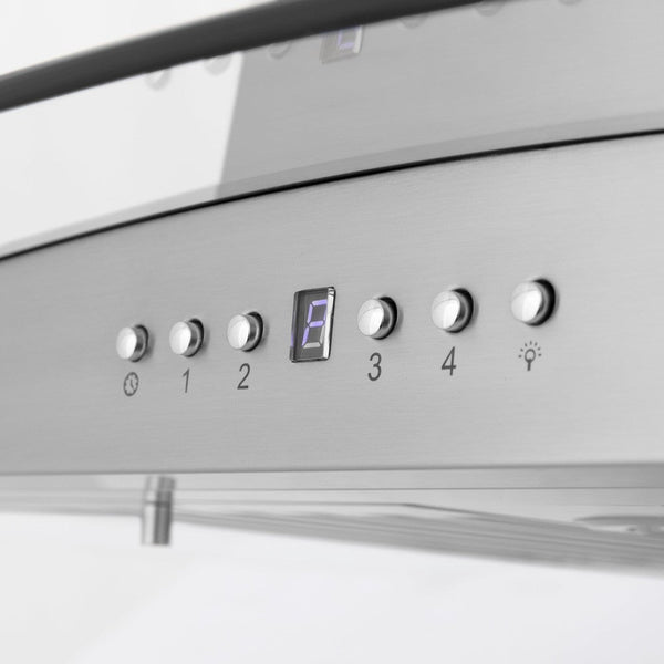 ZLINE Island Mount Range Hood in Stainless Steel with Built-in ZLINE CrownSound Bluetooth Speakers (GL5iCRN-BT) close-up, buttons and display.