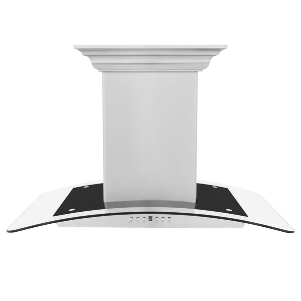 ZLINE Island Mount Range Hood in Stainless Steel with Built-in ZLINE CrownSound Bluetooth Speakers (GL5iCRN-BT) front.