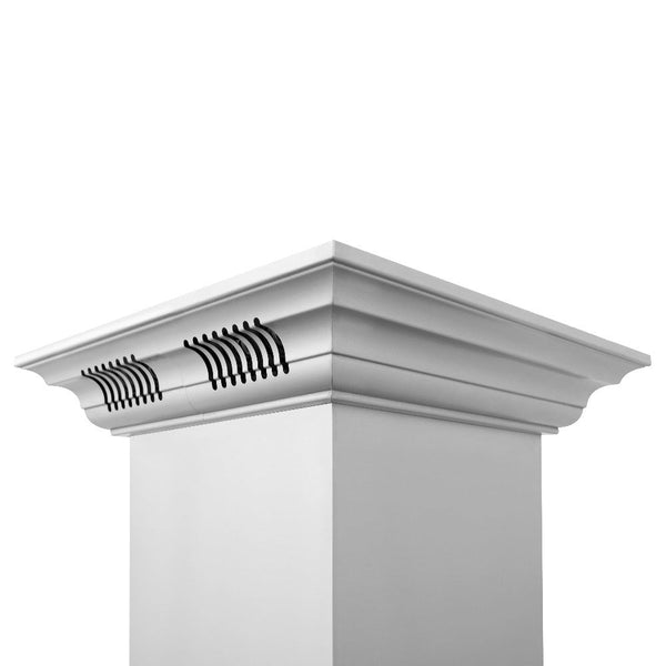 ZLINE Island Mount Range Hood in Stainless Steel with Built-in ZLINE CrownSound Bluetooth Speakers (KE2iCRN-BT) close-up, CrownSound system.