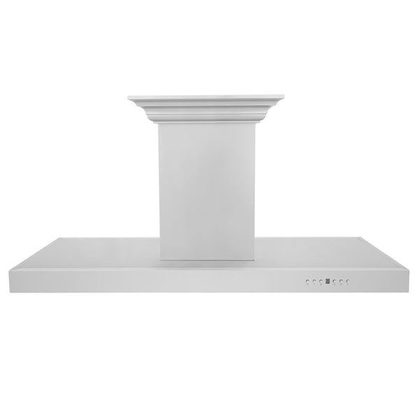 ZLINE Island Mount Range Hood in Stainless Steel with Built-in ZLINE CrownSound Bluetooth Speakers (KE2iCRN-BT) front.