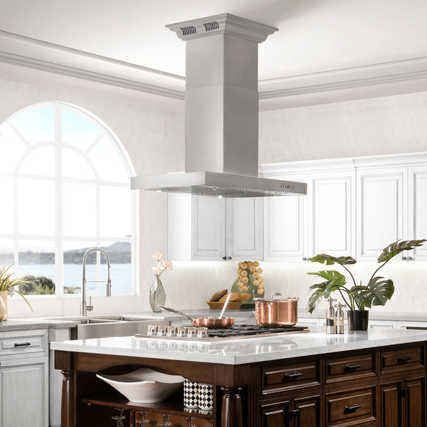 48" ZLINE CrownSound™Ducted Vent Island Mount Range Hood in Stainless Steel with Built-in Bluetooth Speakers (KE2iCRN-BT-48)
