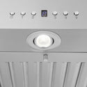 ZLINE Island Mount Range Hood in Stainless Steel with Built-in ZLINE CrownSound Bluetooth Speakers (KE2iCRN-BT) close-up, built-in directional LED light.