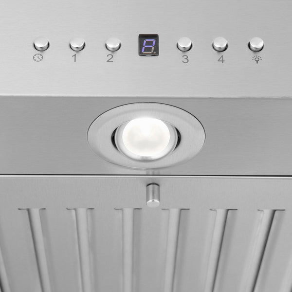 ZLINE Island Mount Range Hood in Stainless Steel with Built-in ZLINE CrownSound Bluetooth Speakers (KE2iCRN-BT) close-up, built-in directional LED light.