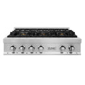 ZLINE 36 in. Stainless Steel Gas Rangetop with 6 Gas Brass Burners (RT-BR-36) front, oven closed.