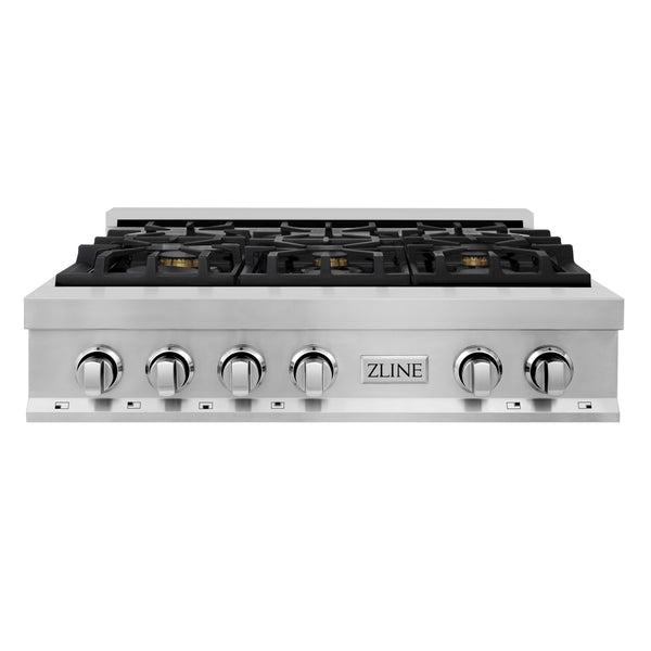 ZLINE 36 in. Stainless Steel Gas Rangetop with 6 Gas Brass Burners (RT-BR-36) front, oven closed.