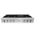 ZLINE 48 in. Porcelain Gas Rangetop with 7 Gas Brass Burners and Griddle (RT-BR-48) front, oven closed.