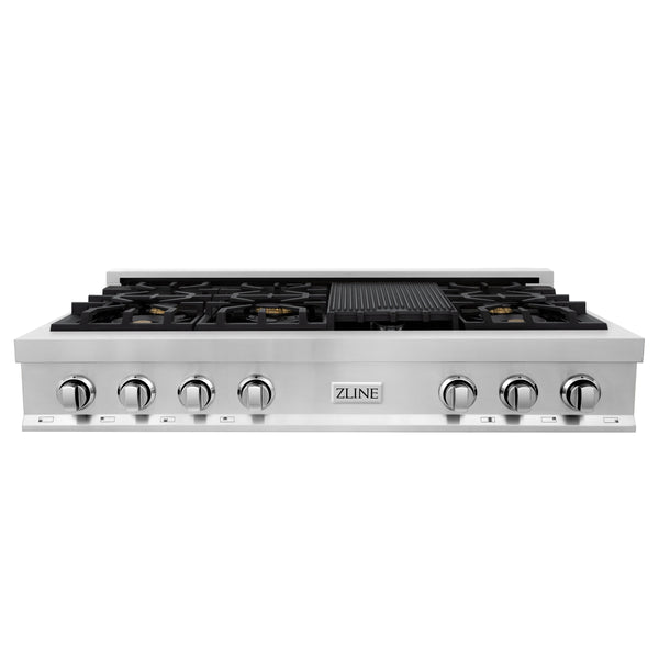 ZLINE 48 in. Porcelain Gas Rangetop with 7 Gas Brass Burners and Griddle (RT-BR-48) front, oven closed.