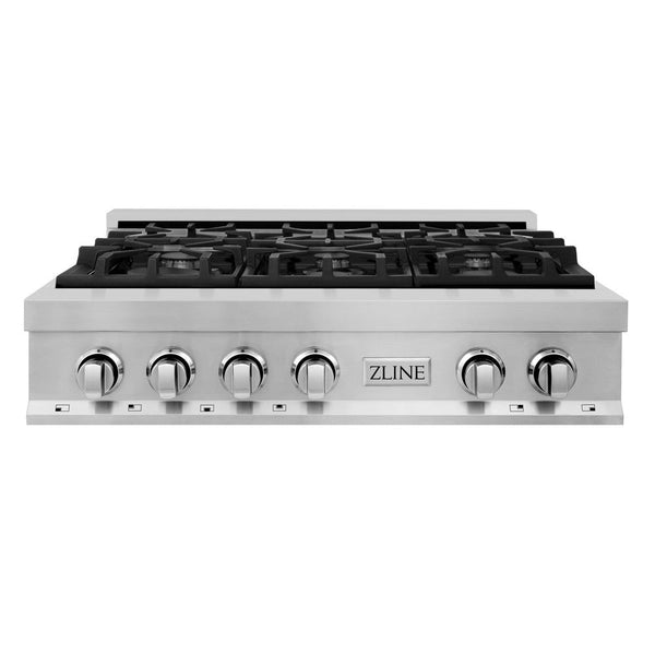 ZLINE 36 in. Stainless Steel Gas Rangetop with 6 Gas Burners (RT36) front, oven closed.