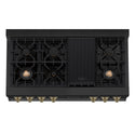 ZLINE Autograph Edition 48 in. Porcelain Rangetop with 7 Gas Burners in Black Stainless Steel and Champagne Bronze Accents (RTBZ-48-CB) from above showing gas burners and cast-iron grates.