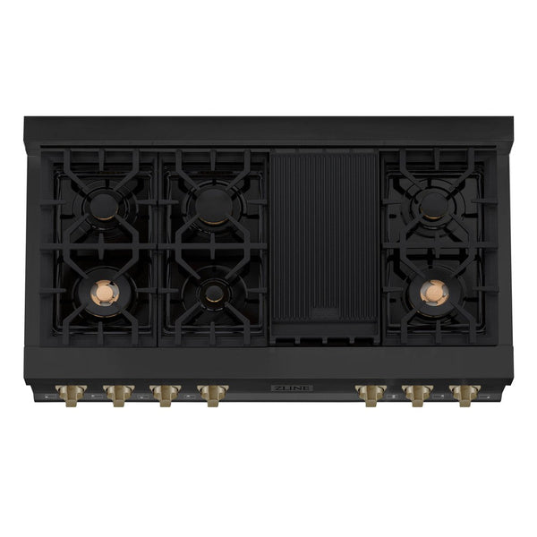 ZLINE Autograph Edition 48 in. Porcelain Rangetop with 7 Gas Burners in Black Stainless Steel and Champagne Bronze Accents (RTBZ-48-CB) from above showing gas burners and cast-iron grates.
