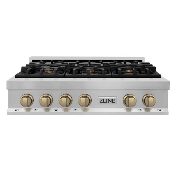 ZLINE Autograph Edition 36 in. Porcelain Rangetop with 6 Gas Burners in Stainless Steel with Champagne Bronze Accents (RTZ-36-CB) front, oven closed.