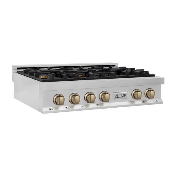 ZLINE Autograph Edition 36 in. Porcelain Rangetop with 6 Gas Burners in Stainless Steel with Champagne Bronze Accents (RTZ-36-CB) side.