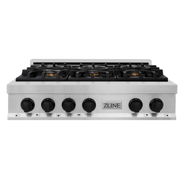 ZLINE Autograph Edition 36 in. Porcelain Rangetop with 6 Gas Burners in Stainless Steel with Matte Black Accents (RTZ-36-MB) front, oven closed.