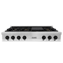 ZLINE Autograph Edition 48 in. Porcelain Rangetop with 7 Gas Burners in Stainless Steel with Matte Black Accents (RTZ-48-MB) front, oven closed.